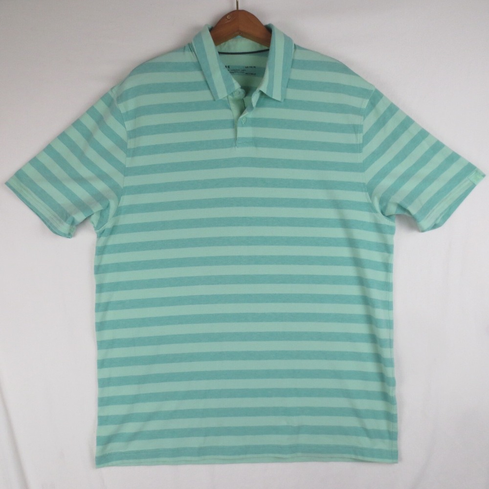 Under Armour Polo Shirt Mens Large Green Stripe Short Sleeve Loose Fit HeatGear